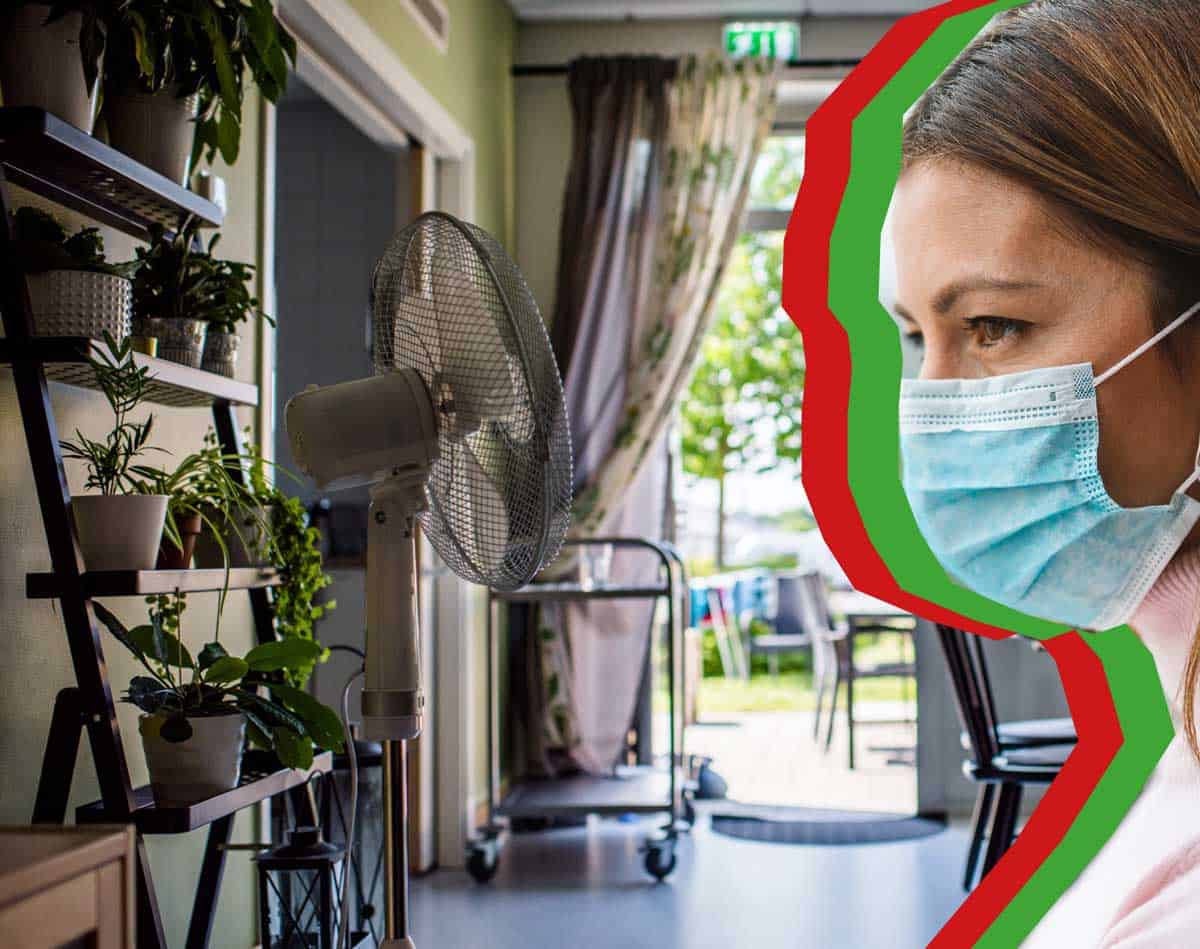 Fotocollage med lägenhet och person med munskydd