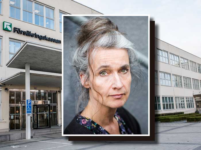 Maria Persdotter framför Försäkringskassans huvudkontor (collage). Foto: Linnea Bengtsson