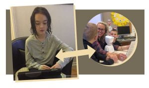 skolroboten och klasskamrater. Foto: Annelie Karlsson|Skolrobot i klassrum. Foto: Annelie Karlsson|Högläsning i klassen med skolrobot. Foto: Annelie Karlsson|Max styr skolroboten hemifrån med sin iPad. Foto: Annelie Karlsson