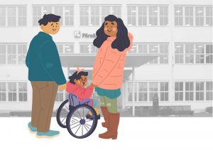 Ett barn i rullstol, tillsammans med föräldrar